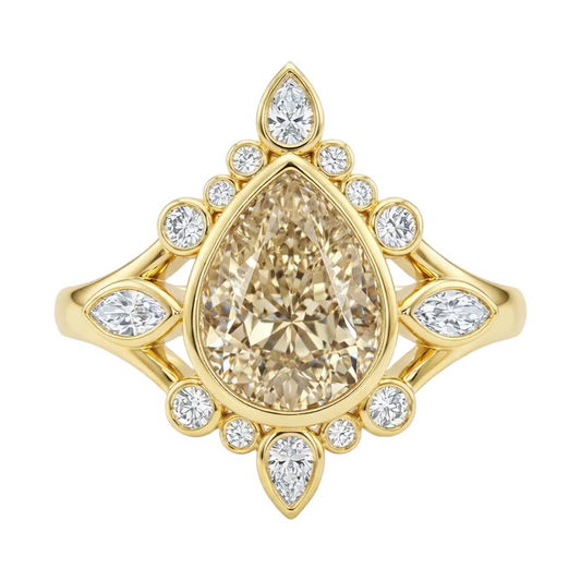 Vintage Inspired 14k Gold Tiana Ring with 3ct Champagne Pear Cut Diamond
