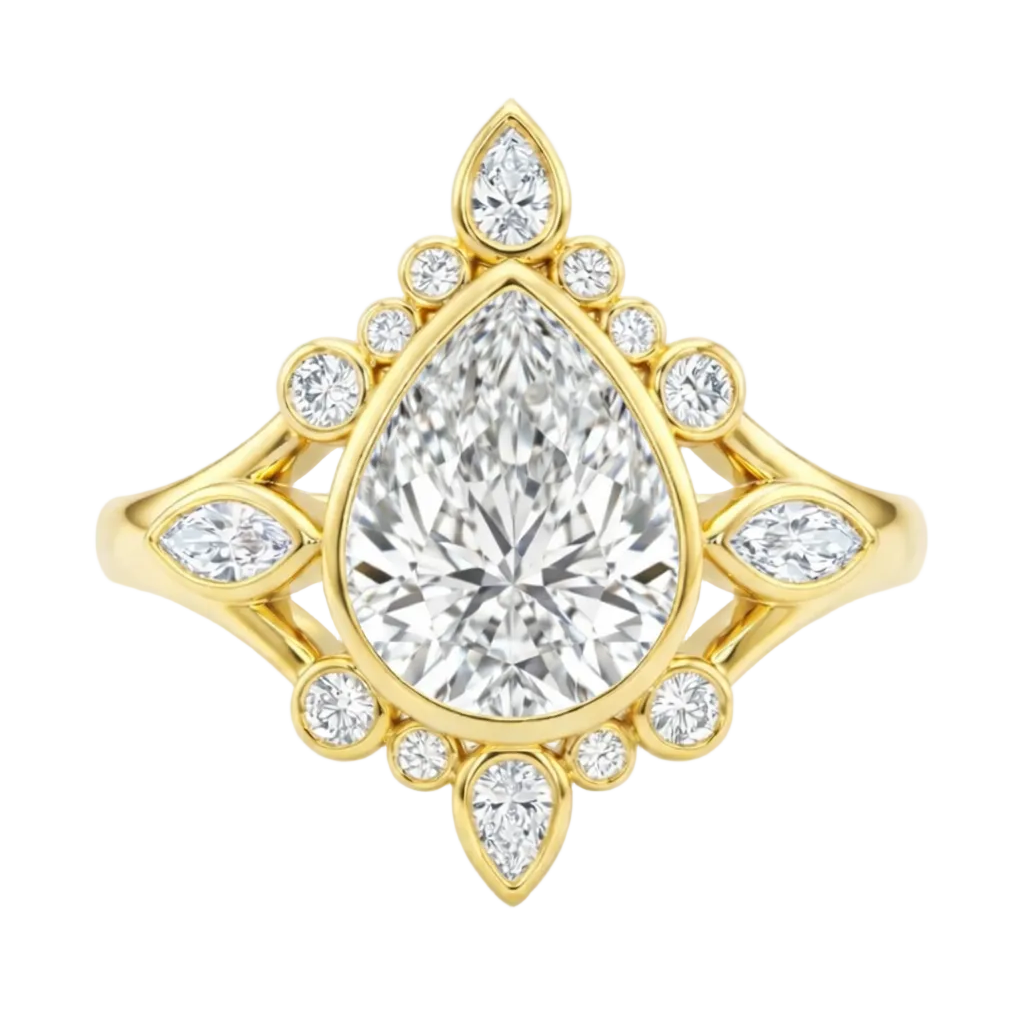 Vintage Inspired 14k Gold Tiana Ring with 3ct Pear Cut Diamond