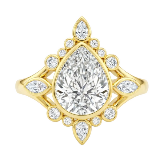 Vintage Inspired 14k Gold Tiana Ring with 3ct Pear Cut Diamond