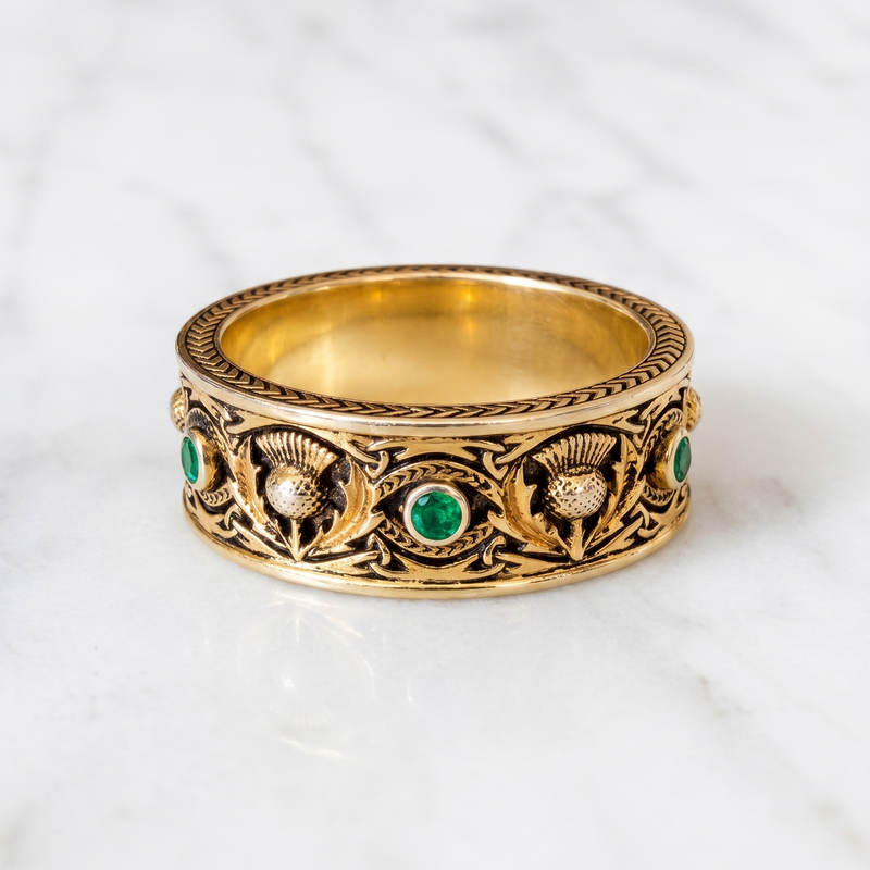 14k yellow gold wedding band featuring custom hand-engraved Scottish Thistle and Celtic knotwork motifs, accented by bezel-set emeralds in Lynchburg, Virginia